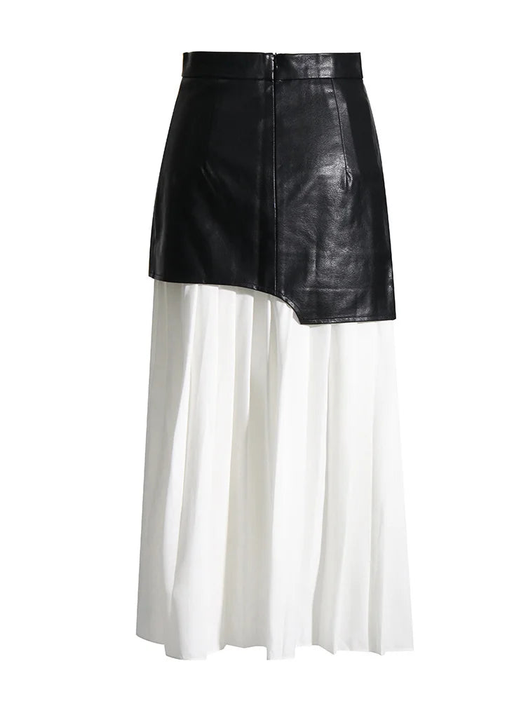 TWOTWINSTYLE Casual Patchwork Pu Skirt For Women High Waist Midi Folds Pleated Skirts Female 2022 Spring Fashion Clothing Style