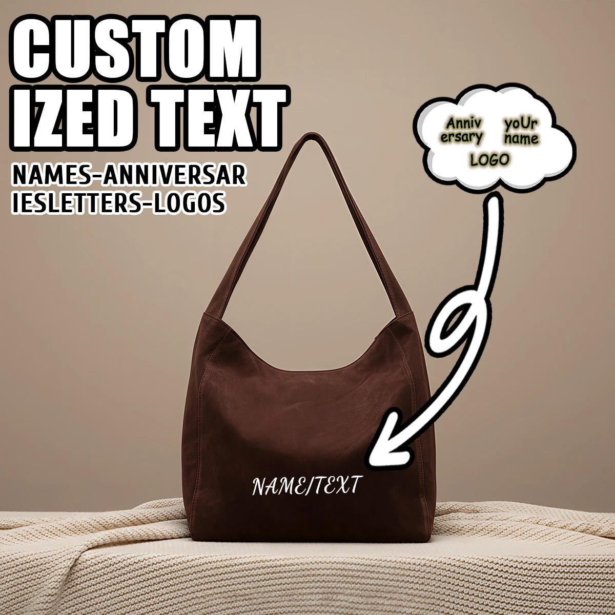 Custom Logo Tote Bag for Women, Large Capacity, Vintage Commuter Vacation Travel Bag, Single Shoulder Handbag, Suede DIY