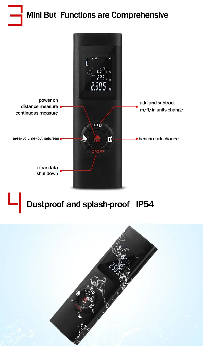 40M/60M Mini Smart Laser Distance Meter Measure Infrared Rangefinder USB Rechargeable Handheld Laser Range Finder