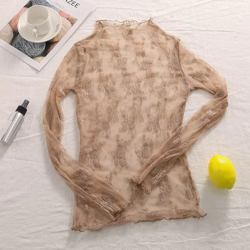 Summer Women Lace Floral Embroidery Blouses  Ladies Tops Sexy Mesh Blouses Transparent Elegant Long Sleeves See-through Shirt