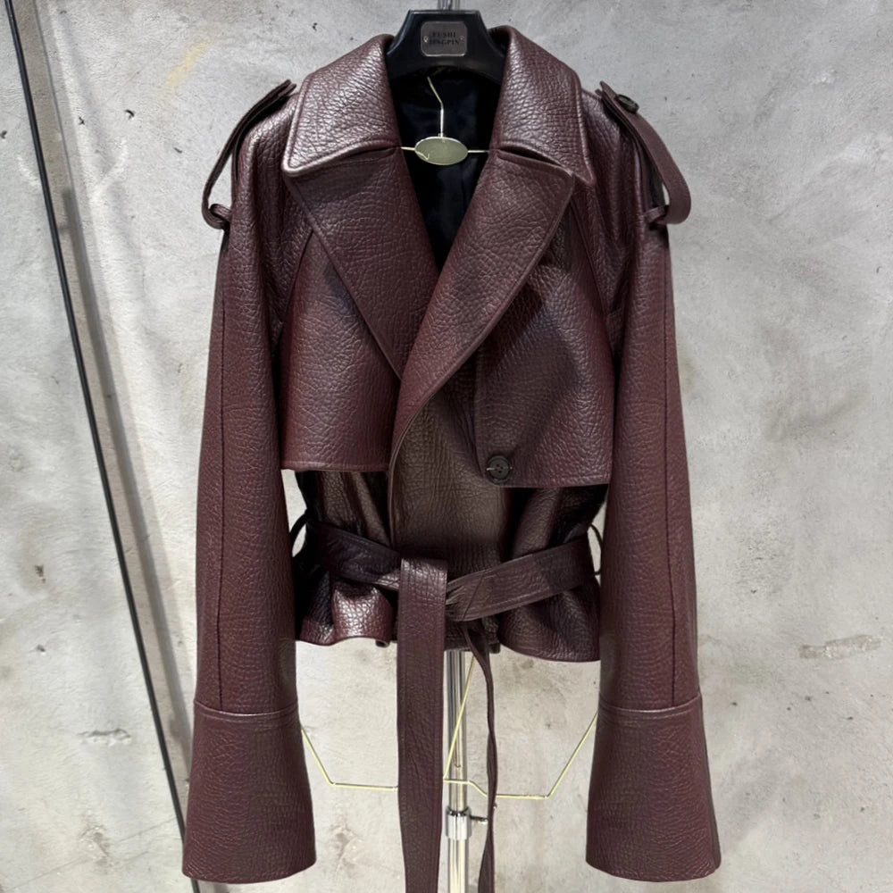 Women Casul Leather Jackets Short Windbreak Design Genuine Grained Sheep Leather Coats Lady