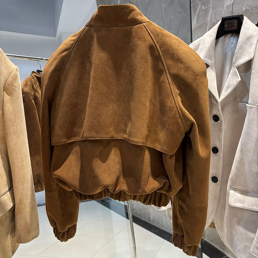 YOLOAgain Suede Leather Jacket Coat Women Real Leather Cropped Jacket Bomber Jacket 2025 Autumn