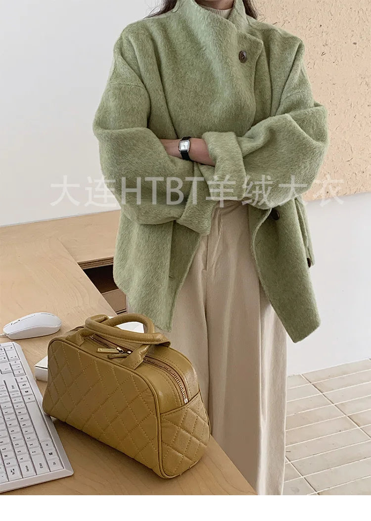 New Winter Short Woolen Coat Fashion Causal Warm Mulberry Silk Lapel Double-sided Wool Coat Loose Suit Jacket Female Tide Autumn