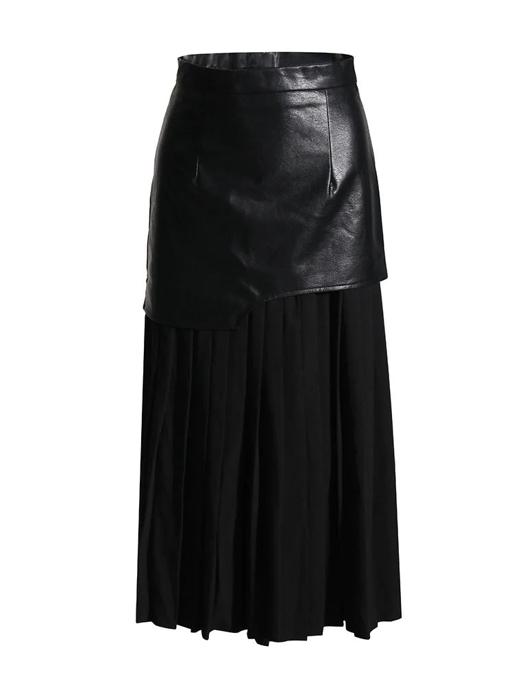 TWOTWINSTYLE Casual Patchwork Pu Skirt For Women High Waist Midi Folds Pleated Skirts Female 2022 Spring Fashion Clothing Style