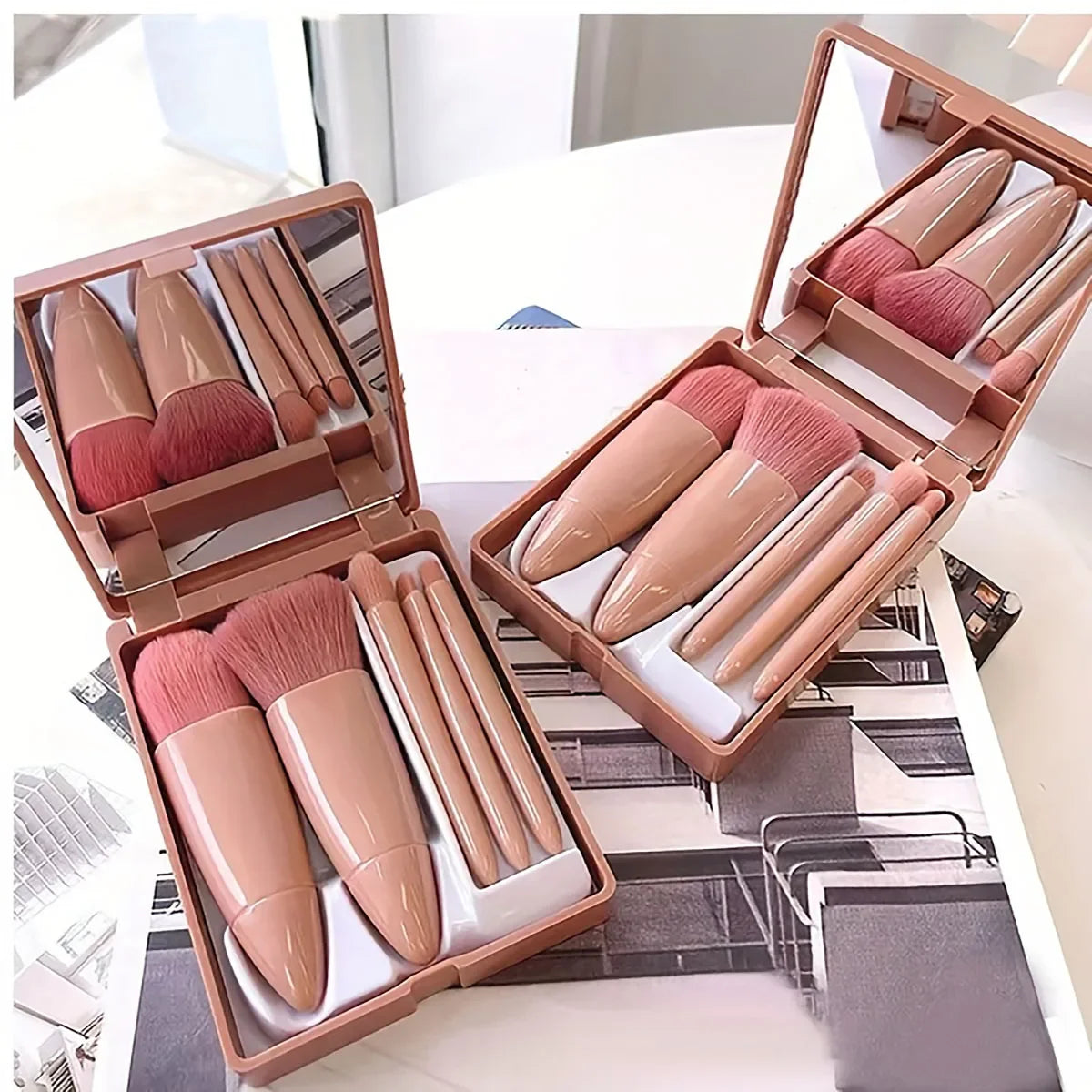 5Pcs Portable Makeup Brush Set With Mirror -  Foldable Travel Kit, Mini Makeup Brush Set Travel Makeup Brush Set