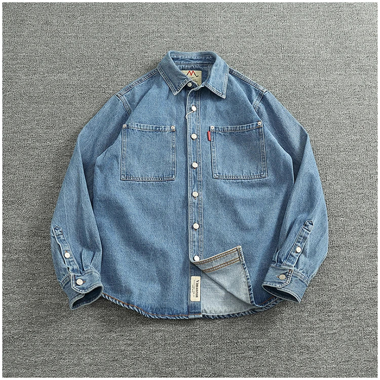 Spring Autumn New American Retro Long-Sleeve Lapel Solid Color Denim Shirt Men's Fashion 100% Cotton Washed Old Casual Blouses