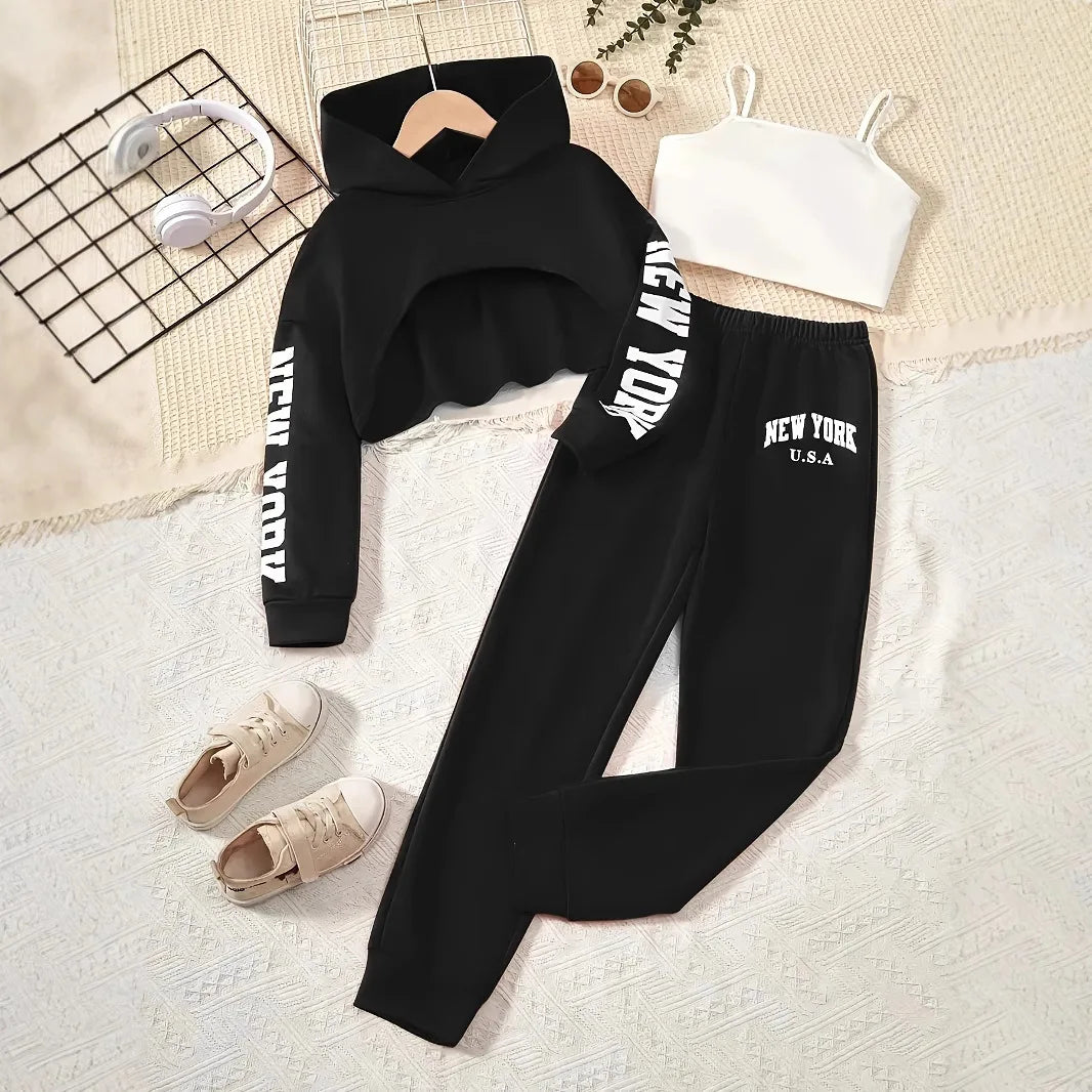 2026 girls clothes spring letter sweatshirt hooded crop top and bottom new york port pants leggings teens child set 4 10 12 year