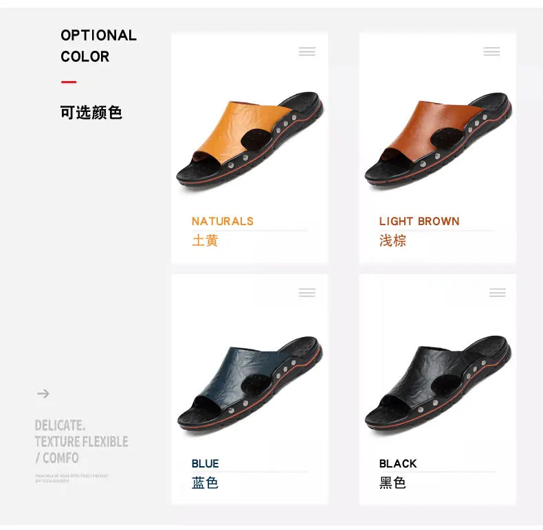 Genuine Leather Slippers for Men Casual Big Size Wear-Resistant Non-slip Fashion Flat Breathable Comfortable Shoes Summer Main