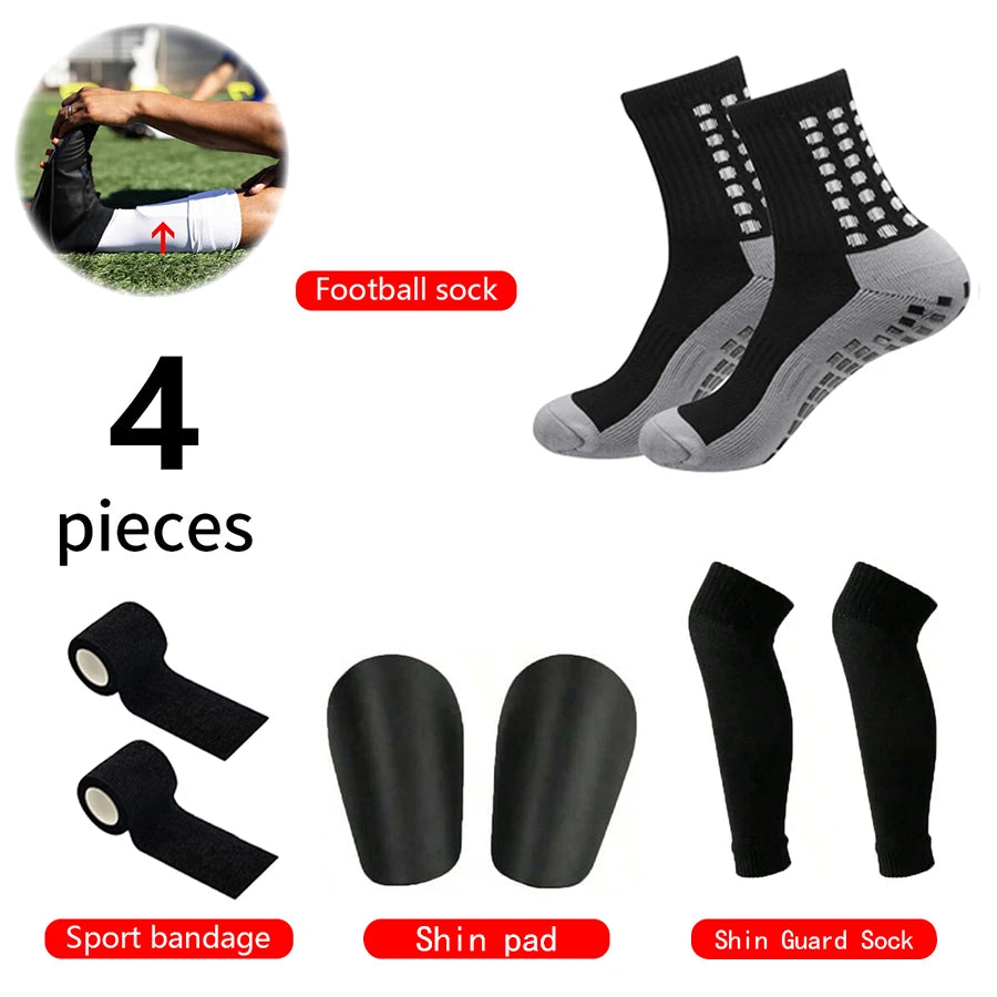 4 Pieces Football Accessories Outdoor Football Socks Non-slip Sports Socks Bandages   Shin Pads Calf Compression Socks