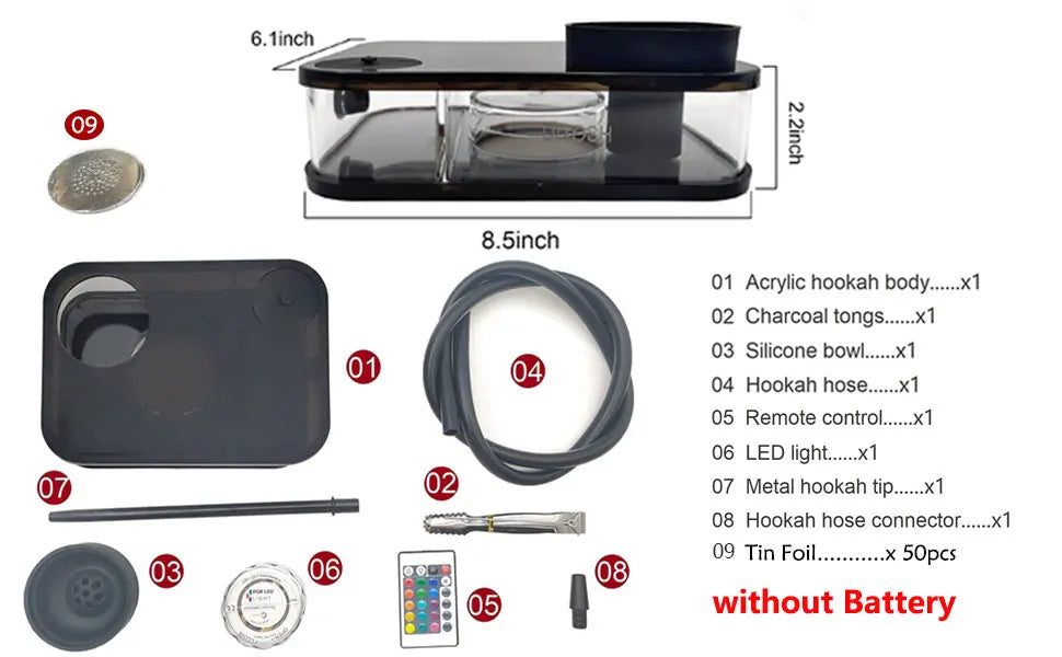 Rectangle Hookah Smoking Pipe Set Shisha Narguile Complete with Remote LED Light Shisha Bowls Charcoal Rack Smoking Accessories