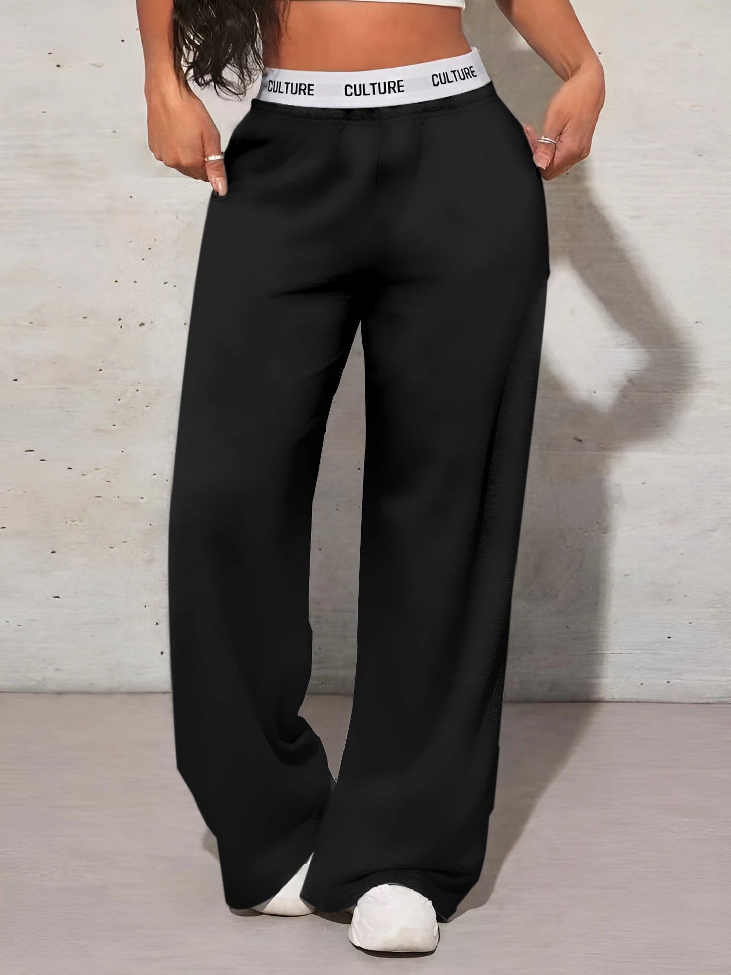 Women's Fashion Pants High Waist Webbing Loose Women's Wide Leg Pants Solid Colour Casual Female Pants Autumn Daily Wear