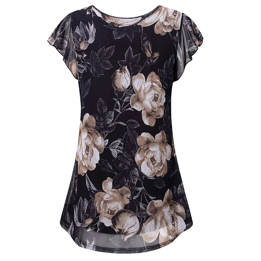 Womens Tops Summer T Shirts Casual V Neck Floral Print Petal Women's Athletic Shirts Mesh fabric Plus Size
