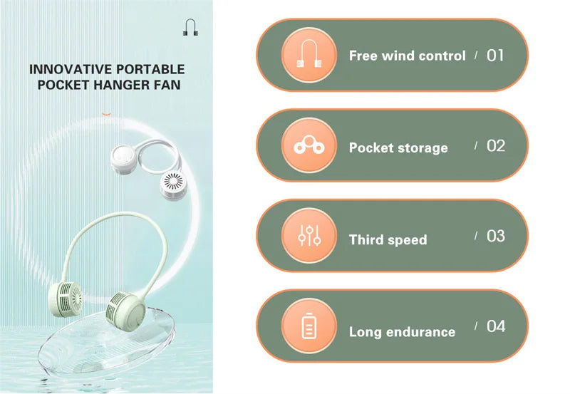Neck-mounted fan - Foldable, silent, portable mini fan with 360-degree rotating airflow - Rechargeable hanging fan