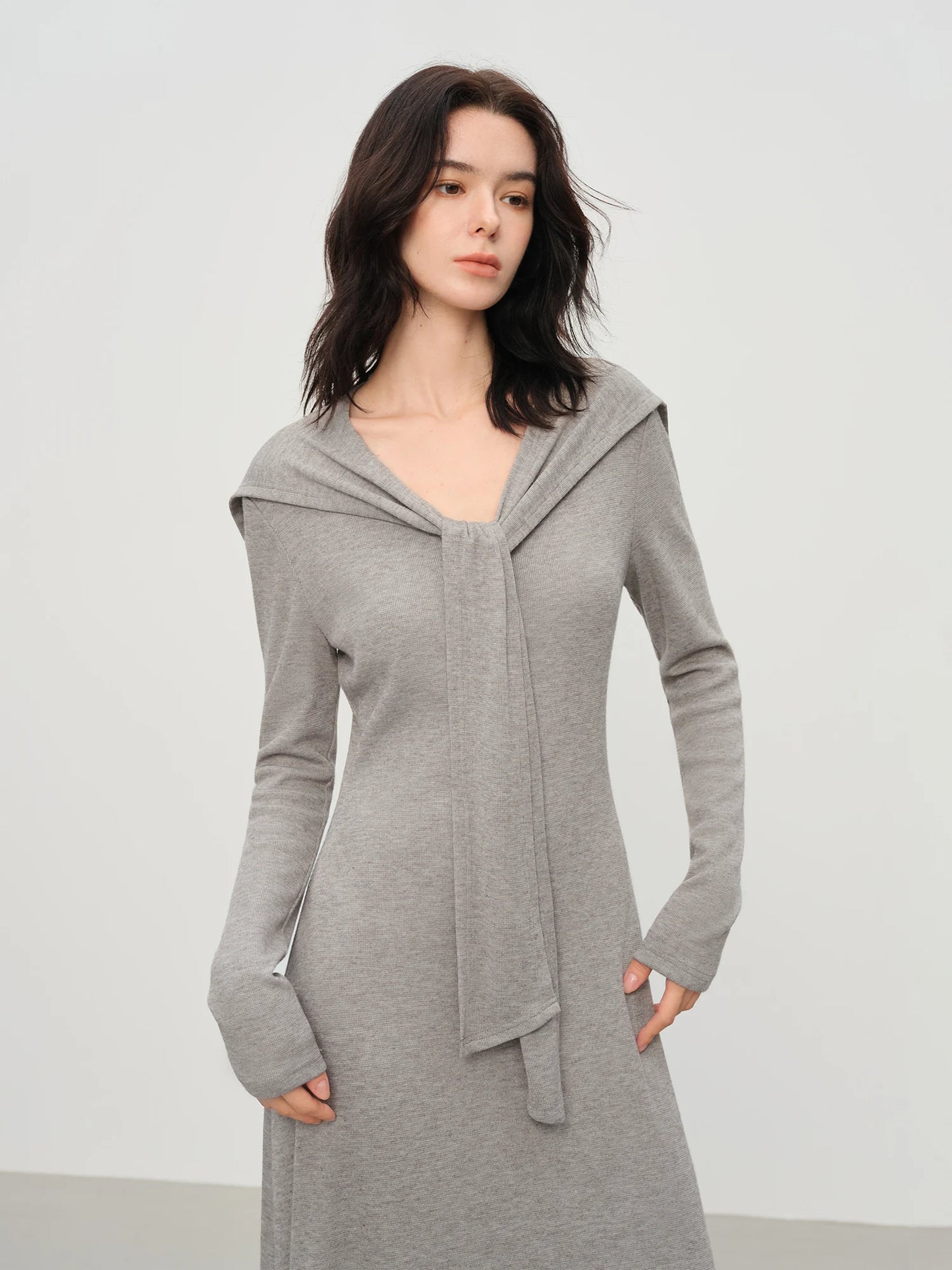 FSLE French Style Design Shawl V-neck Dress 2025 Autumn and Winter Slimming A-line Knitted Clothing Female Elegant Leisure