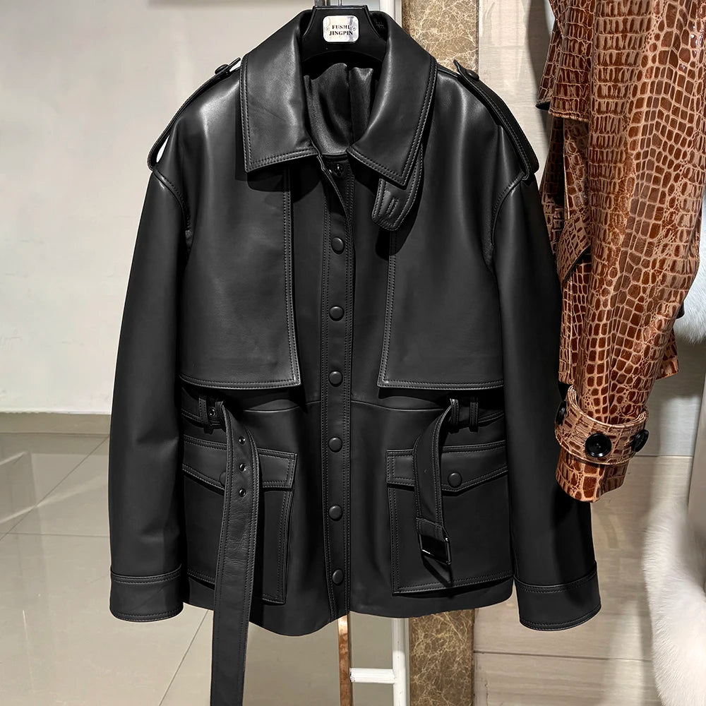 YOLOAgain Real Leather Suede Jacket Women Dark Brown Single Breasted Leather Coat With Belt