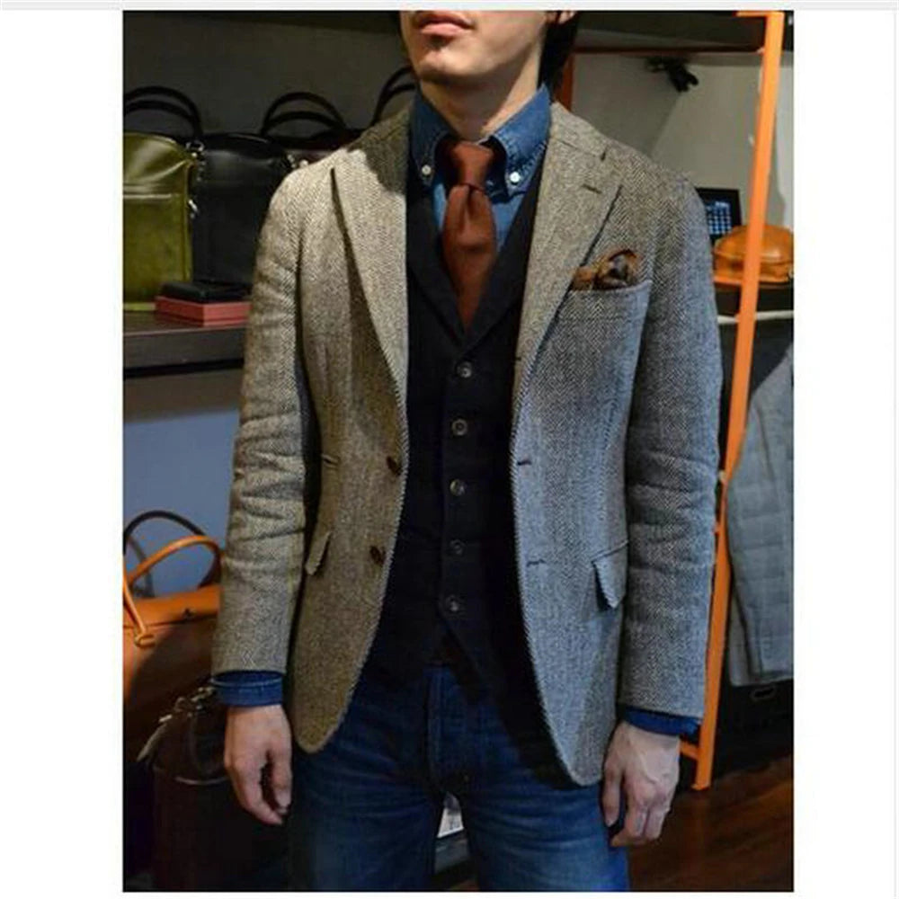 Men's Suit Brown Blazer Prom Tuxedos Herringbone Wool Tweed Single Breasted Formal Bussiness Jacket for Wedding（Only Coat）