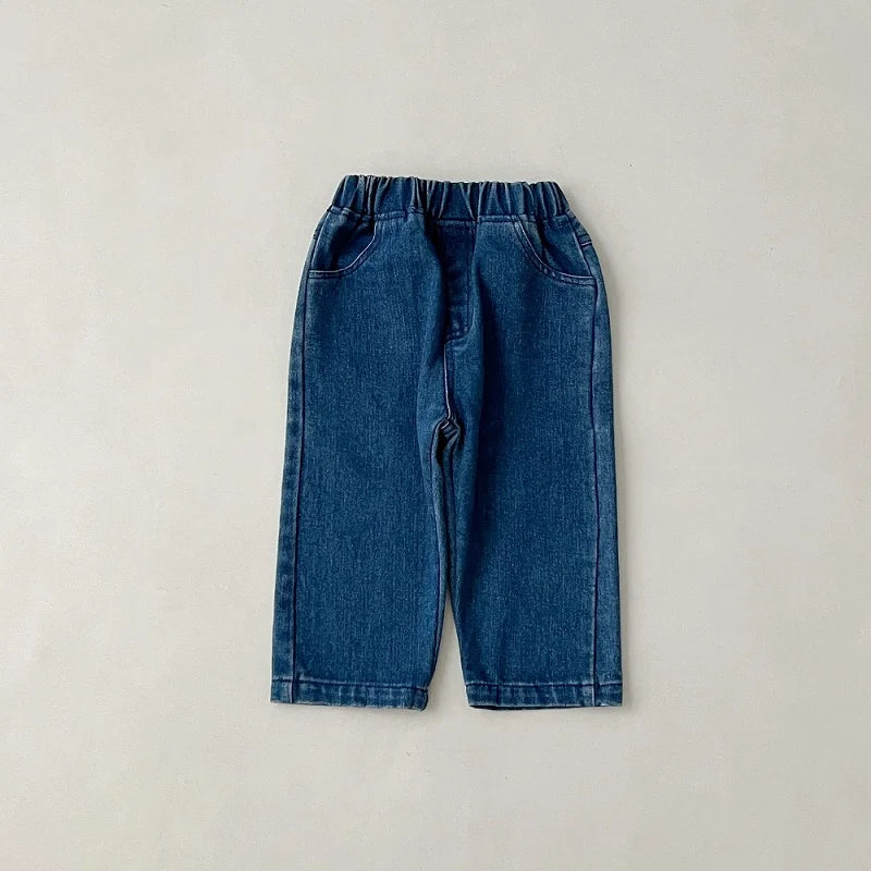 Baby clothes 2025 new children's solid color long sleeved denim set, boys and girls cardigan long pants casual sports two-piece