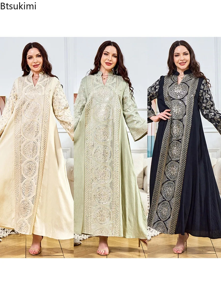 Women Elegant Dresses Eid Muslim Sequins Maxi Dress Jalabiya Morocco Party Robe Evening Dresses Dubai Abaya Kaftan Arab Vestidos