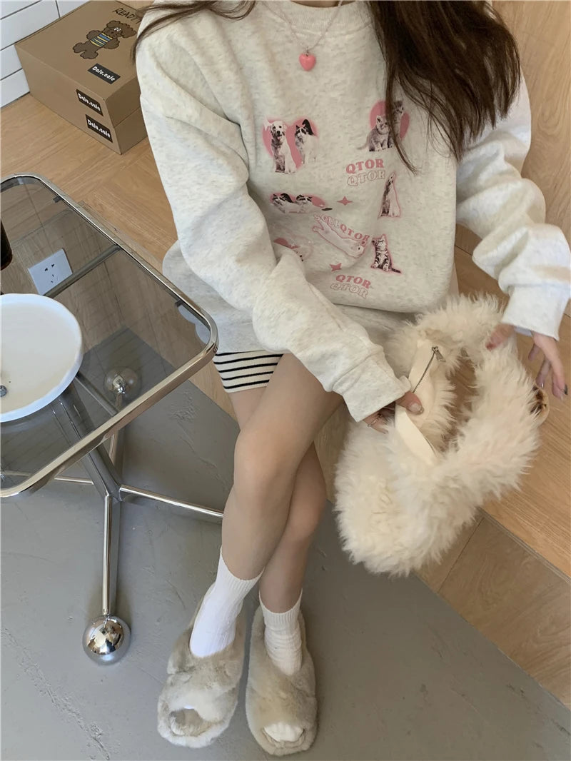 KOSAHIKI Cute Hoodies Women Letter Dog Print Sudaderas Mujer O-neck Sweatshirt Harajuku Streetwear Y2k Pullover Moletom Feminino