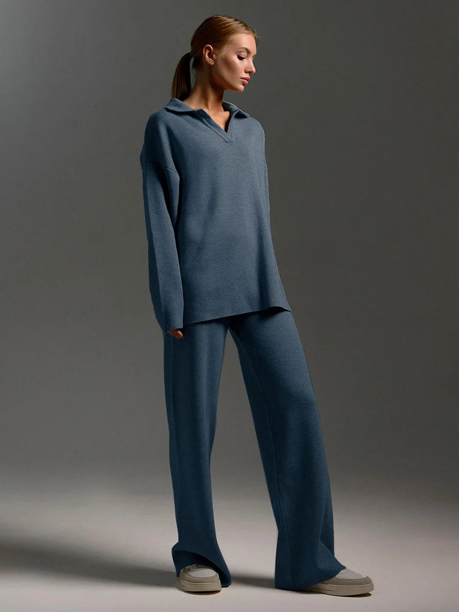 Sumuyoo Winter Thick Women Knitted Suits Cashmere Soft 2 Pieces Sets Female Polo Neck Sweater & Wide Leg Pants Knitted Outfit