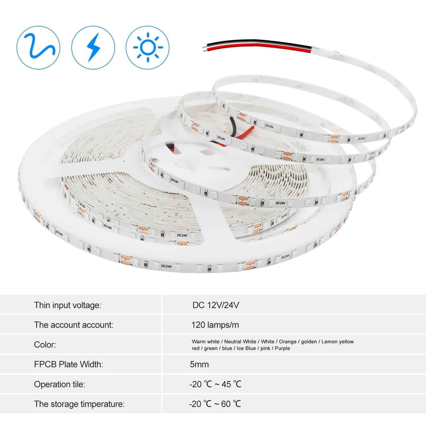 LED Strip 5mm 12V 24V 120LEDs/m Warm White Yellow Red Green Ice Blue Pink Purple Not Waterproof Flexible Tape for DIY Room Decor