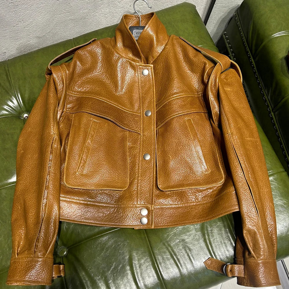 Grained Vintage Leather Jacket Women High Quality Genuine Sheep Leather Coat 2025