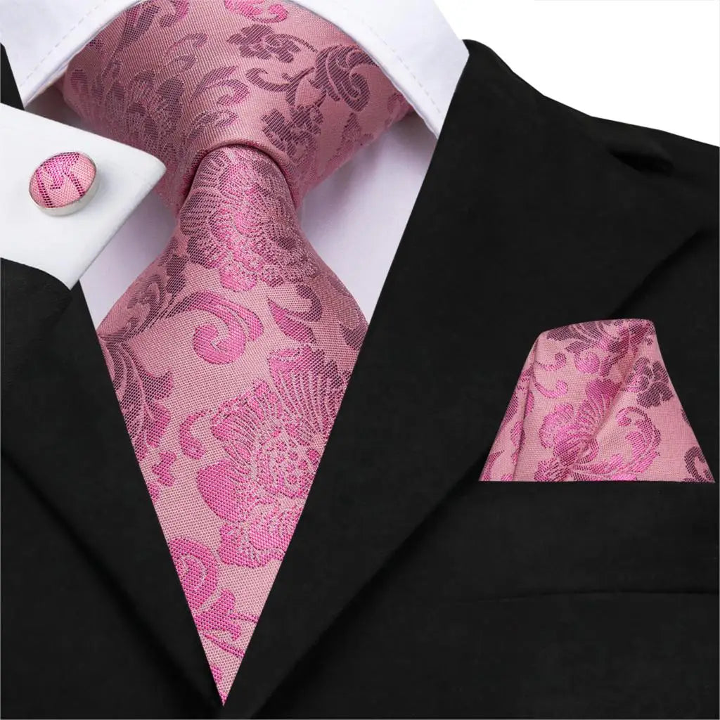 Hi-Tie Silk Men Tie Peach Pink Floral Wedding Necktie for Men Luxury Necktie Handkerchief Cufflink Fashion Design Business