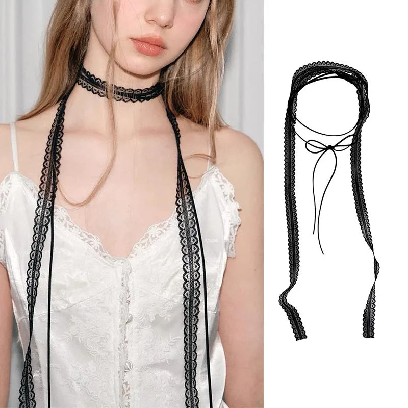 White Lace Necklace Verstile Long Ribbon Layered Clavicle Chain Choker for Girls Daily Wear Neck Decoration Jewelry