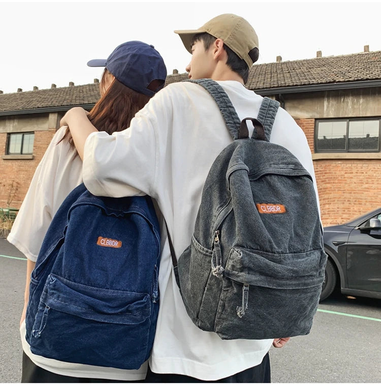 100% Cotton School Bags Solid Black Canvas Casual Backpacks Unisex Large Capacity Denim Satchels Soft Cloth Travel Packages
