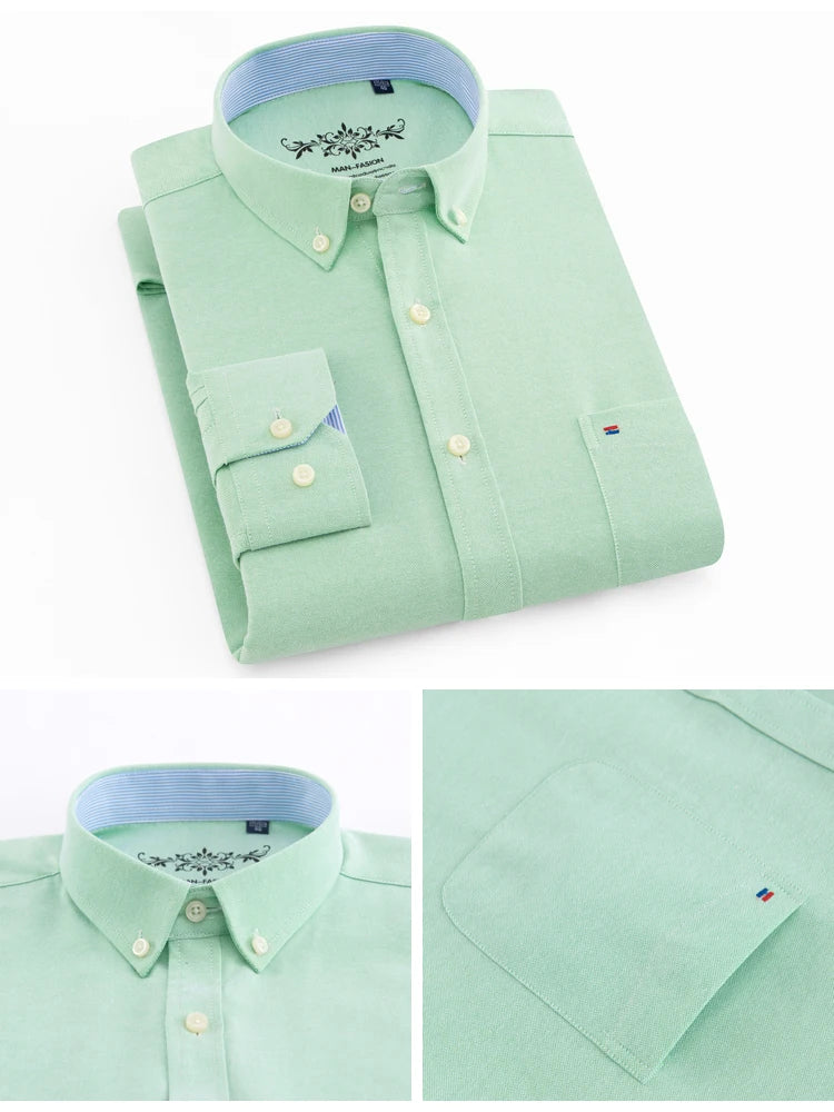 Men's Fashion Long Sleeve Oxford Work Shirt Single Patch Pocket Simple Design Embroidered Regular-fit Casual Button-down Shirts
