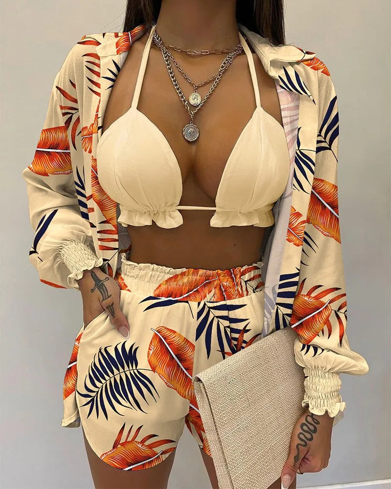 2024 New Bathing Suit Shorts Cover Up Summer Three Pieces Swimwear Sexy Beachwear High Waist Bikini Set Print Women's Swimsuit