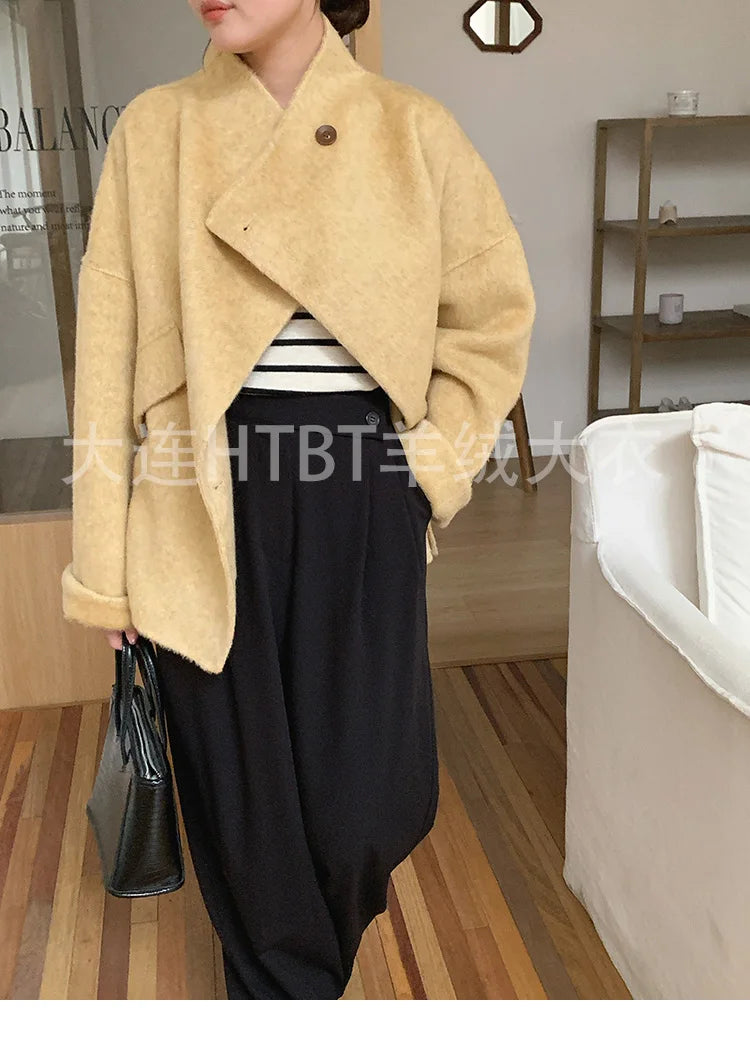 New Winter Short Woolen Coat Fashion Causal Warm Mulberry Silk Lapel Double-sided Wool Coat Loose Suit Jacket Female Tide Autumn