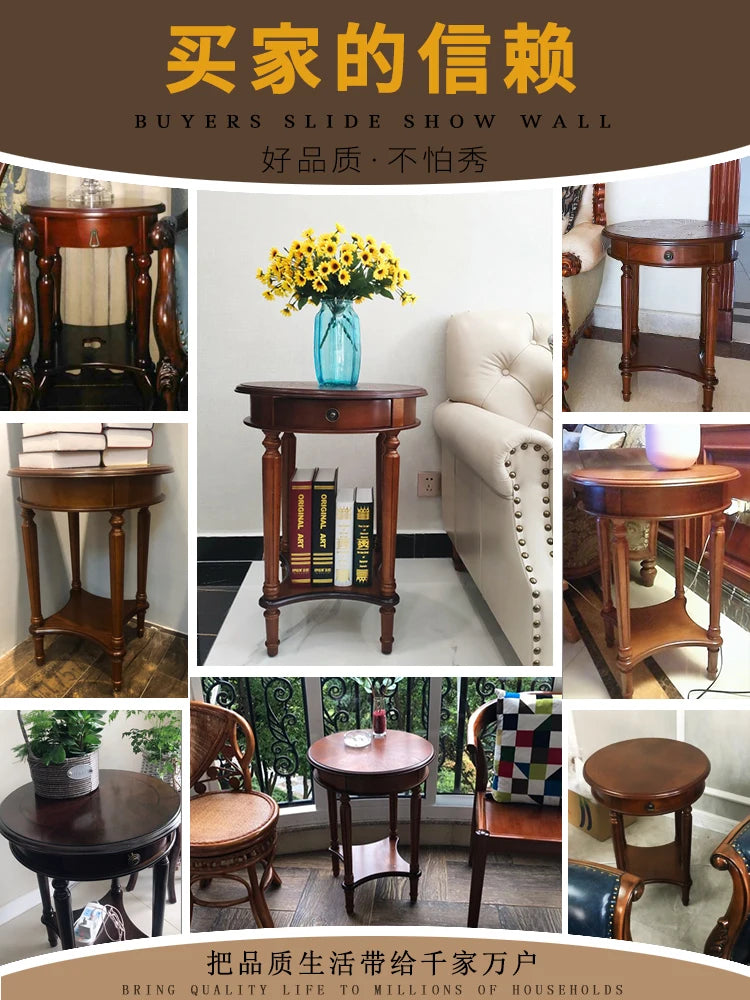 Solid Wood Sofa Side Table American Living Room round Desk European-Style Coffee Surface Casual Telephone Shelf for Entryway