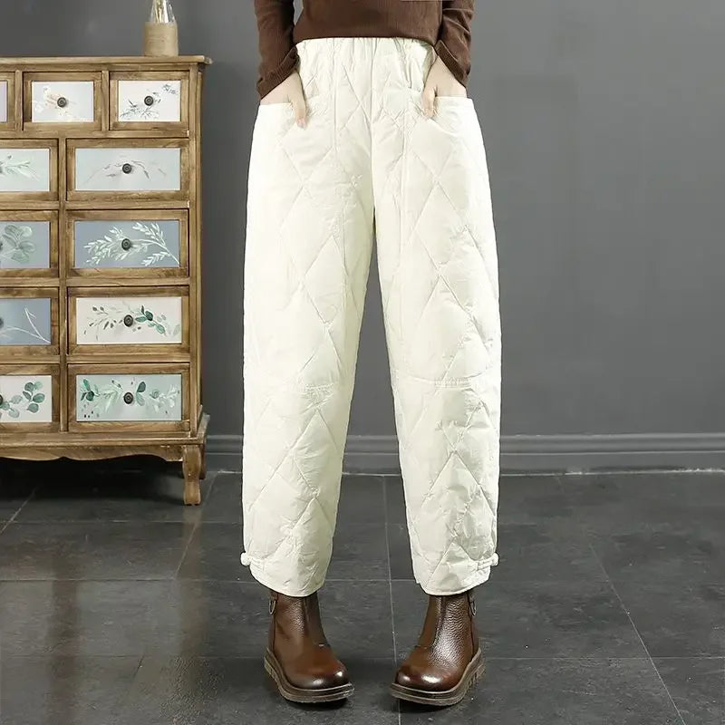 Vintage Quilted Pants Women Winter Warm Trouser Cotton-padded Pants Casual Design Pockets Elastic Waist Korean Chic Black Pants