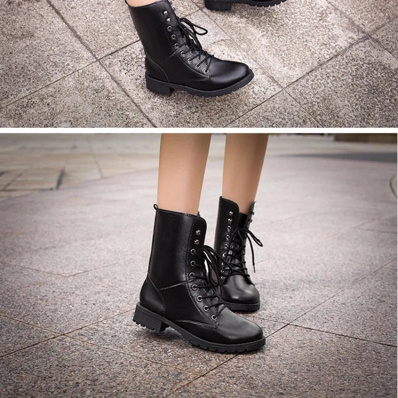 Women's Boots 2026New Casual High Top Boot Fashion Women Motorcycle Boot Classic Black Mid-calf Leather Boots Women Ankle Boots