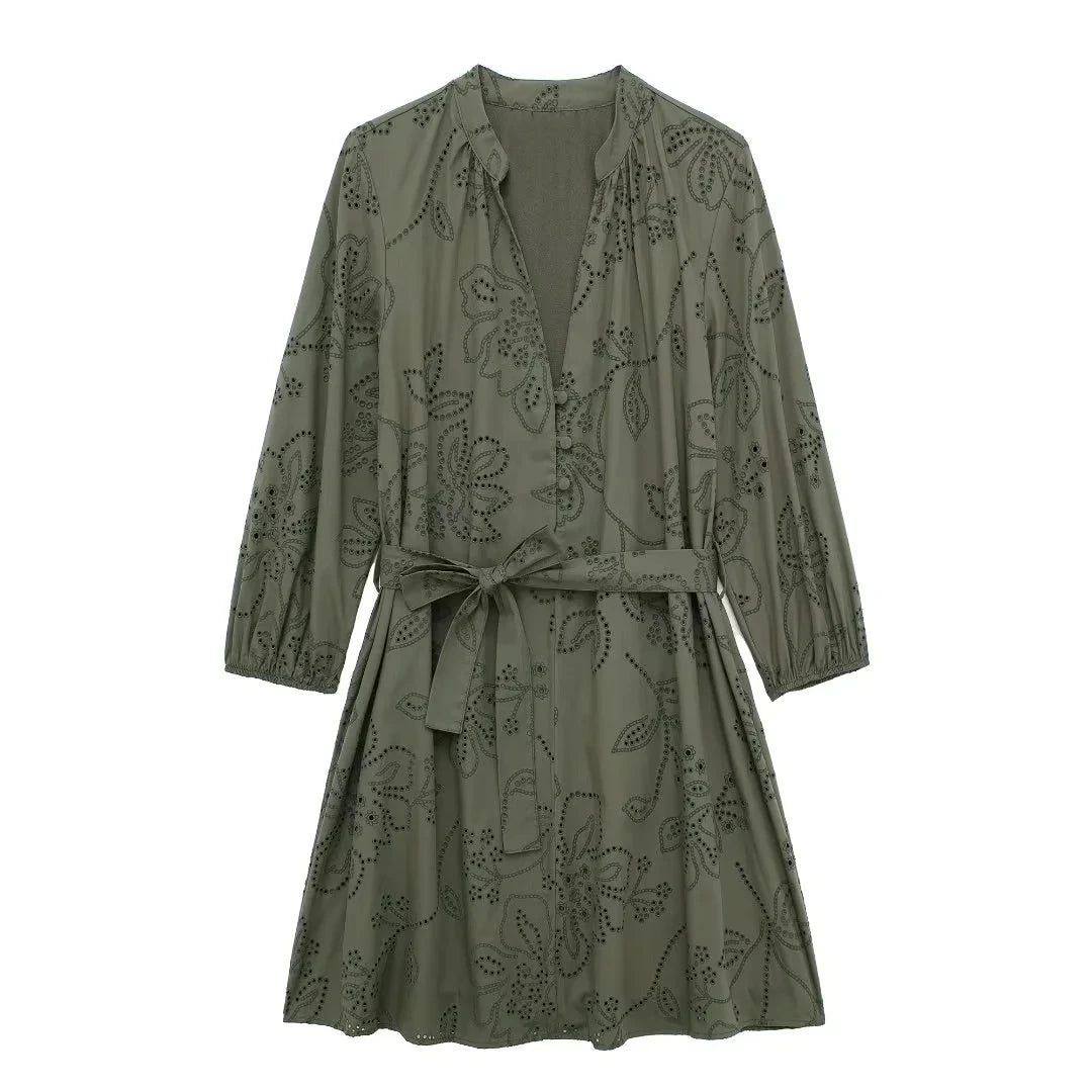 HH Spring Women's Vintage Solid Shirt Dress Puff Sleeve Short Dress V-Neck Female Hollow Embroidery Casual Belt Dresses