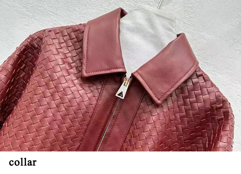 High-fashion Women Clothing 2025 New In Hand Knitting 100 % Leather Jacket Feminina Streetwear Burgundy Dropped Shoulder Coat