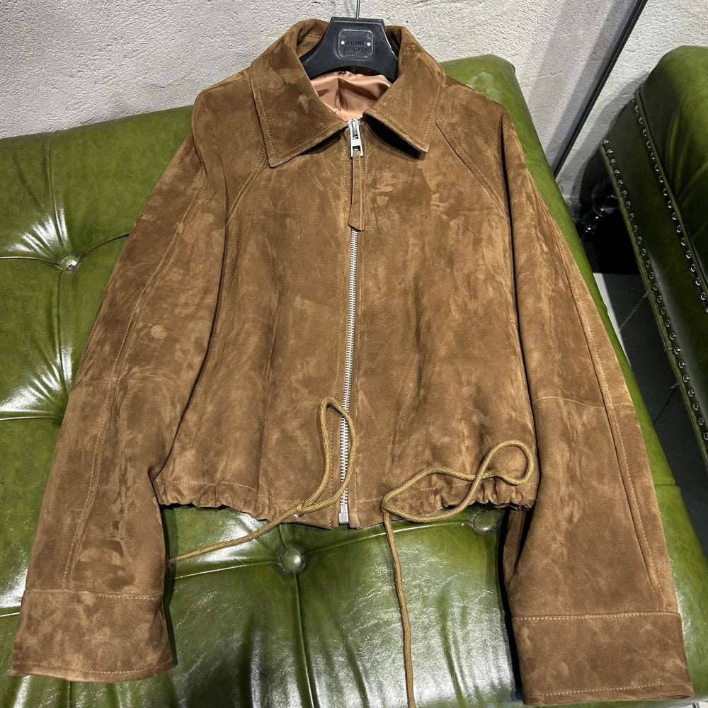Women's Vintage Suede Jackets Real Sheep Suede Jacket Long Sleeves 2025 Autumn Outerwear