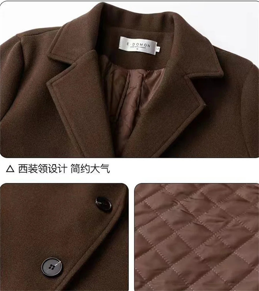 Korean Warm Mid Length Woolen Suit Coat Thick V Neck Women New Loose Parkas Winter Single Breasted Wool Blend Jackets Casaco