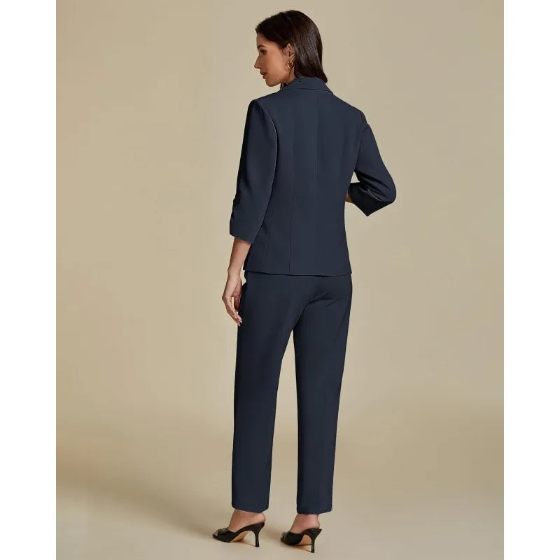 Pant Suits for Women Dressy 2 Piece Business Casual Outfits 3/4 Sleeve Blazer Straight Leg Pant Sets Office Work