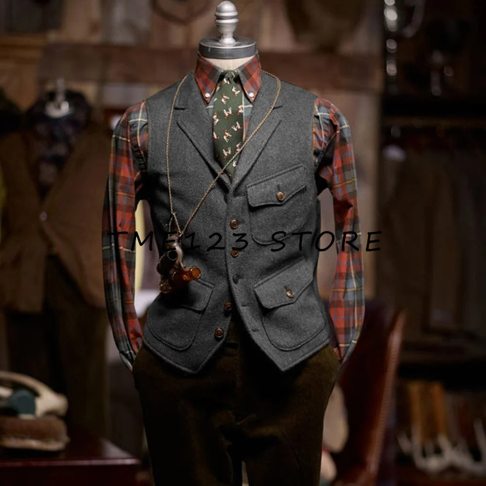 Woolen Vests for Men  V-neck Single-breasted Retro Fashion Suit Vest for Men Formal Male Clothes Cufflinks to Man Wang  Vests