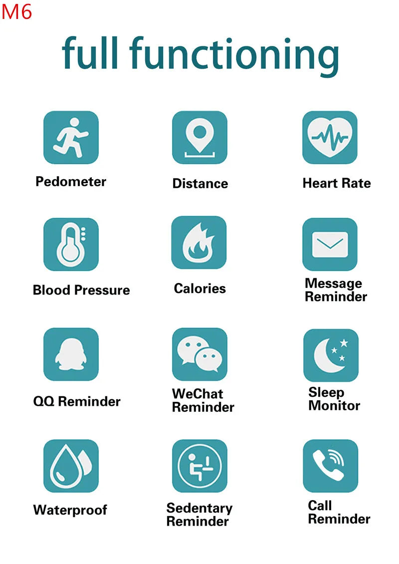 M6 Smartwatch Heart Rate Blood Pressure Monitoring Smart Watch Men Women Fitness Tracker Watch Waterproof Sports Smart Wristband