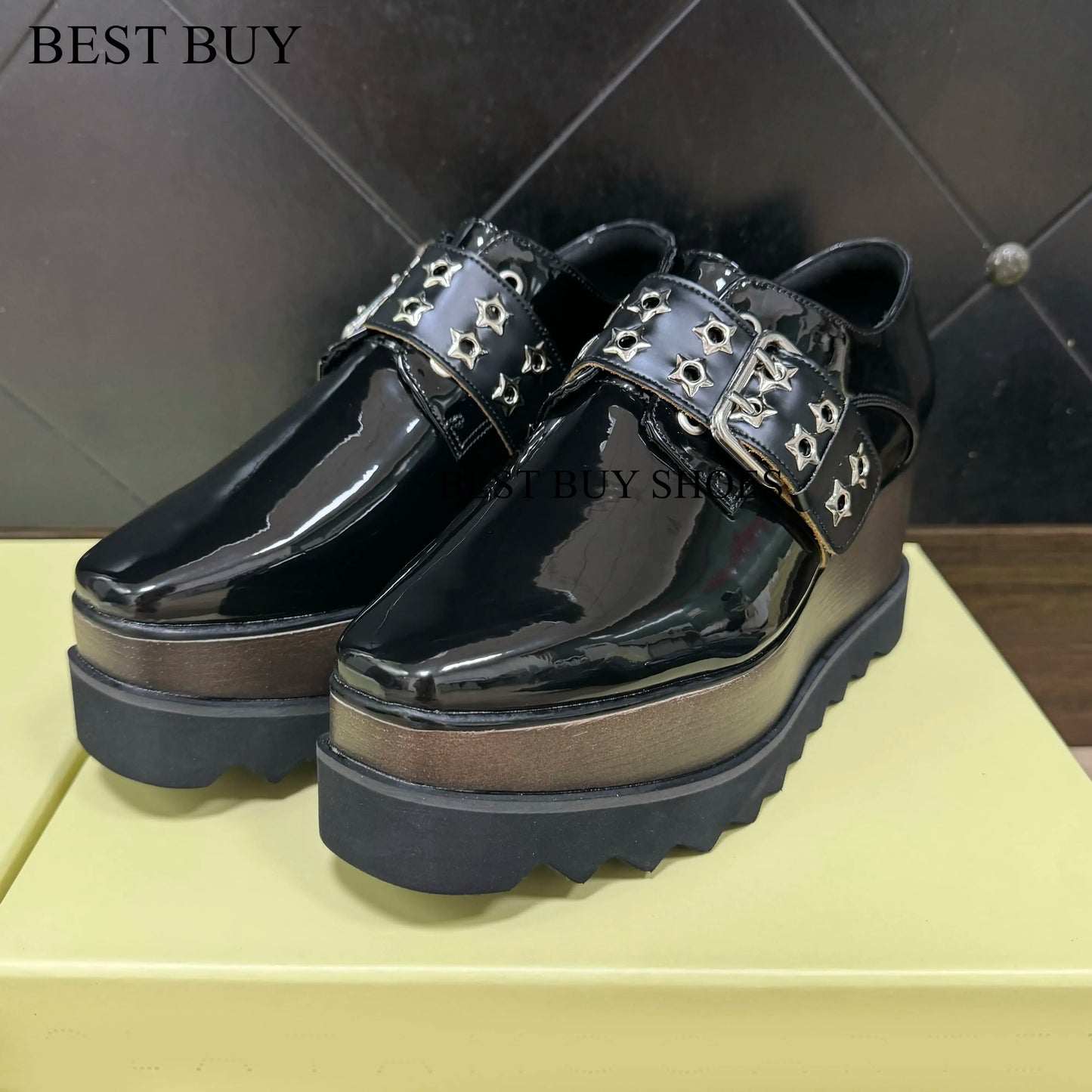 Women Fashion patent Stars high Loafers Shoes Lady Square Toe lace-up Thick Bottom Platform Wedge Shoes For Women sneakers