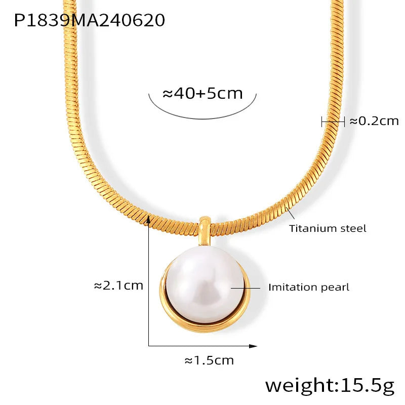Women's Necklace with Retro Style Pearl Natural Stone Pendant Titanium Steel Lock Chain Fashionable Jewelry Accessories