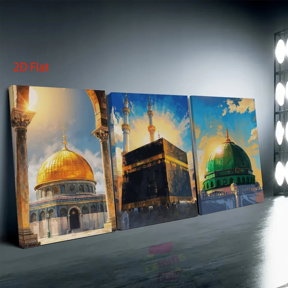 3pcs Muslim Religious Style Islamic Holy Sites Poster Print Al-Qaba Mosque with Gold-Plated Dome Decorative Canvas Art Eid Gift