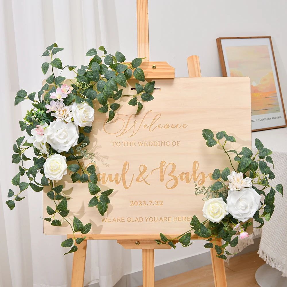Custom Wedding Welcome Sign With White Artificial Wedding Arch Flowers Wedding Welcome Sign Personalised Decor