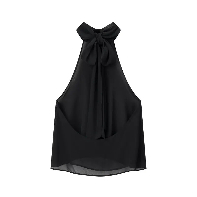 Summer Women Elegant Halter Top Bow Decor Polka Dot Backless Sleeveless Chiffon Shirt Casual Vacation Outfit