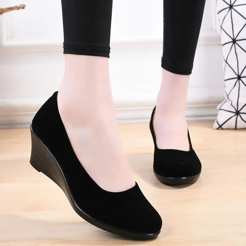 Women's 5cm Wedge Heels Workwear Ceremonial Cloth Shoes Black PU Office Ladies Spring Slip on Oxford Shoes Shallow Mouth Shoes
