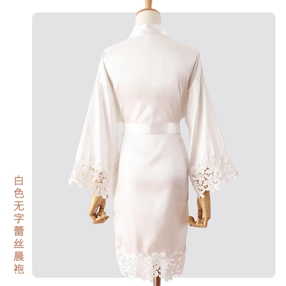 Wedding Embroidery Bride Bridesmaid Kimono Dresses Lace Gown Sexy Women Robes Home Gown Bathrobe Short Night Shirts Sleepwear1PC
