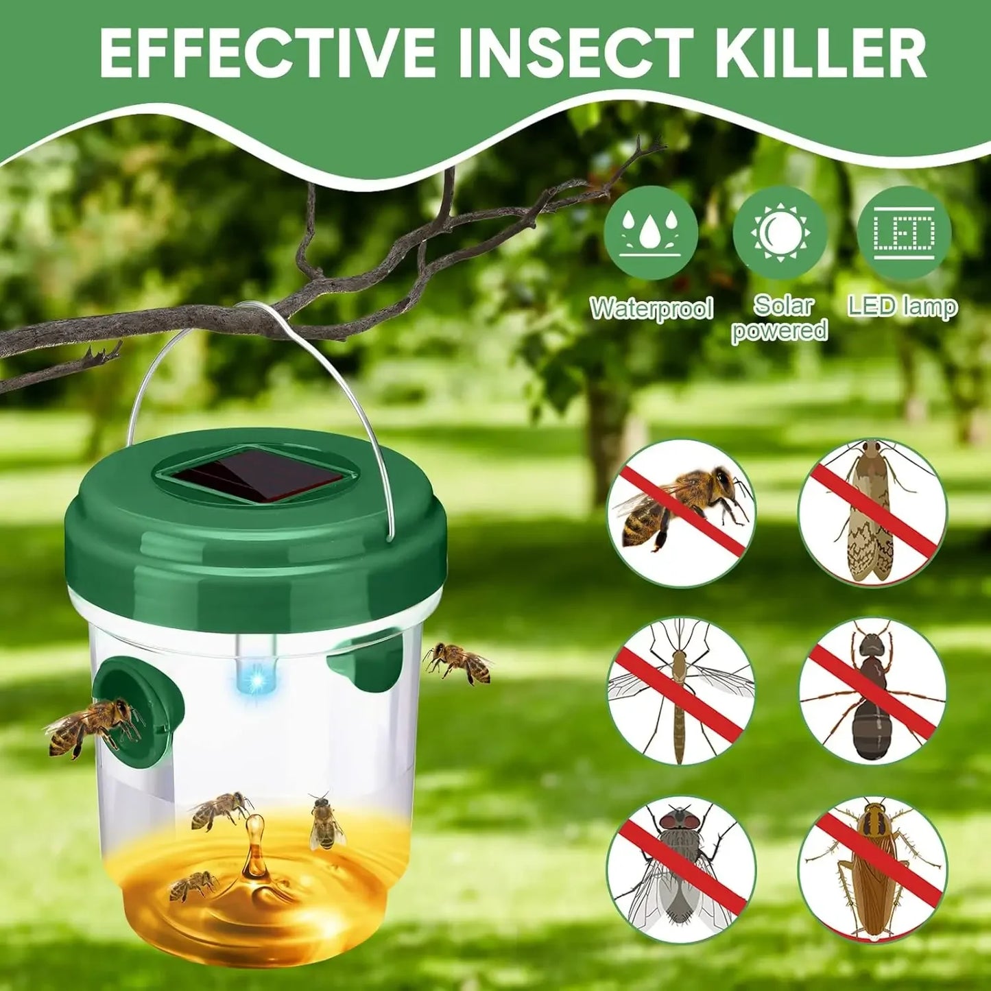 Reusable Fly Traps Outdoor Hanging Wasp Killer with UV LED Light Flying Insect Bee Killer for Indoor Outside Patio Home
